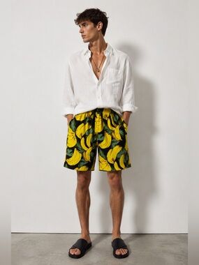 Banana Print Elastic Waist Shorts | Size XL